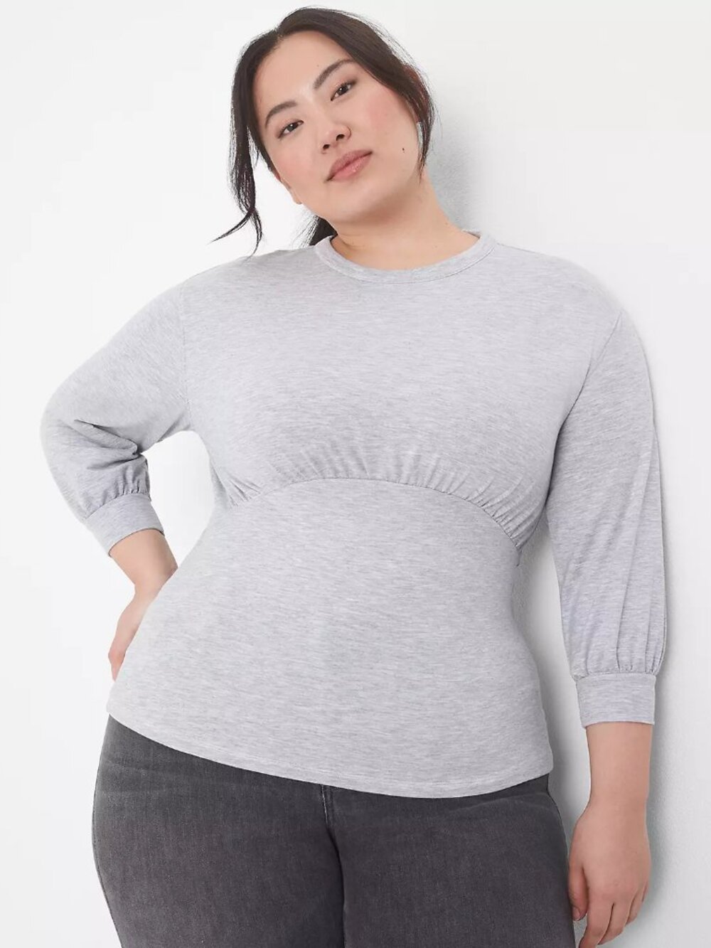Lane Bryant Light Gray Gathered-Waist Pullover Sweatshirt
